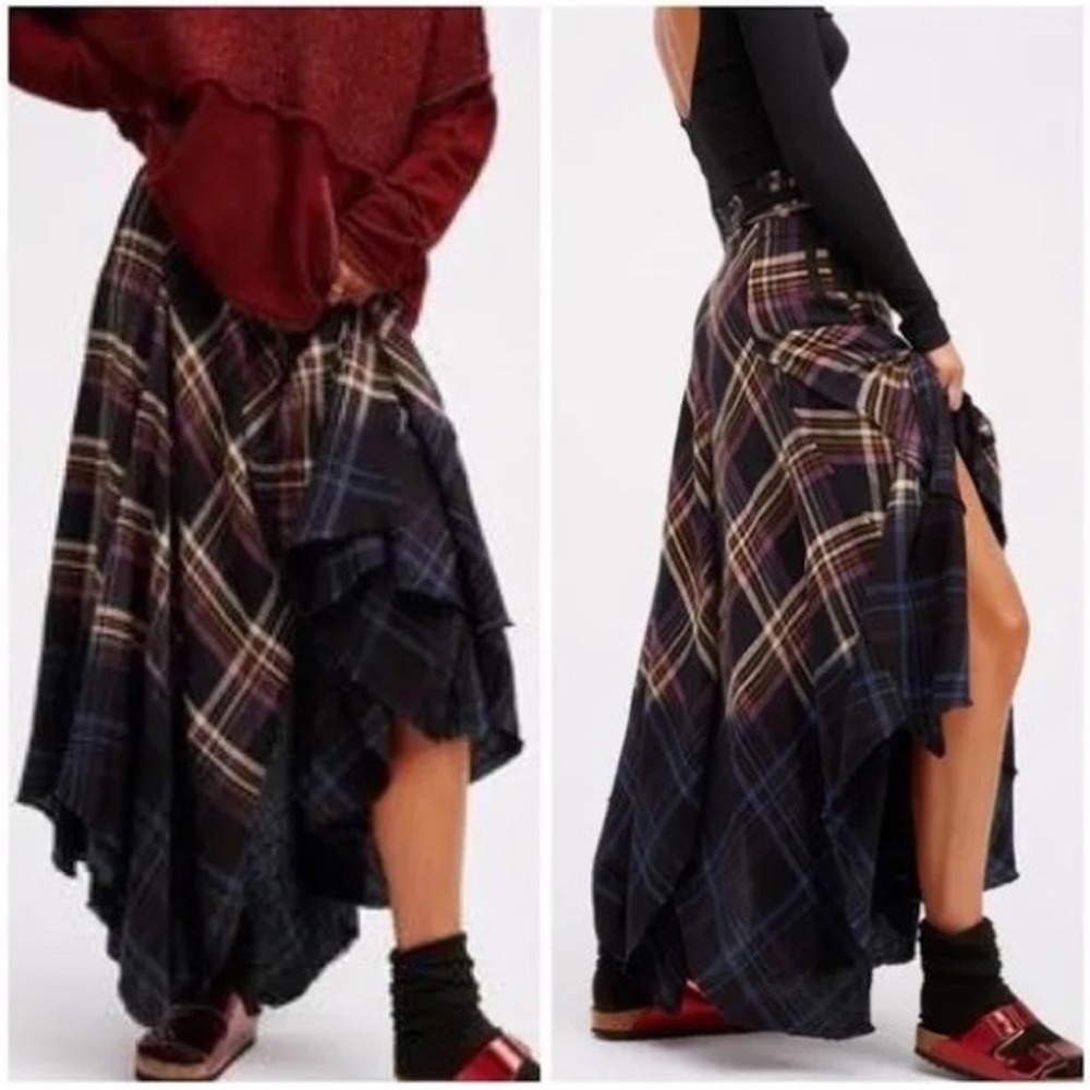 Free People Dipped In Dreams Plaid Distressed Ombre Dyed Asymmetrical Maxi Skirt